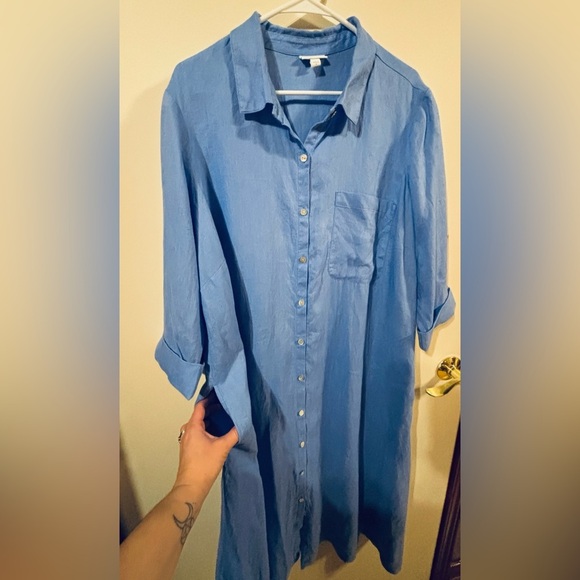 J. Jill Love Linen Midi Dress Womens Size XL Blue Button Up Modest Minimalist - Picture 3 of 10